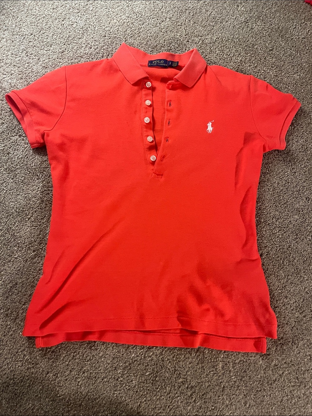 POLO Ralph Lauren szS Vibrant Persimmon Coral 💯% Cotton Polo 5 Button White Pony